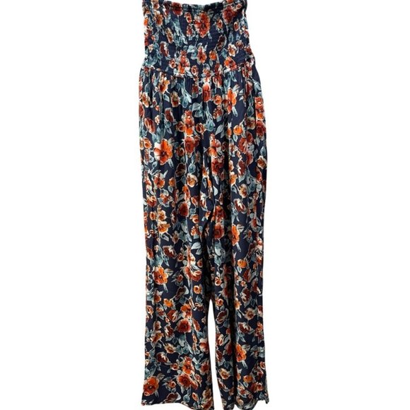 BAND OF GYPSIES Floral Jumpsuit Strapless Ruched Navy Size S - Picture 3 of 8